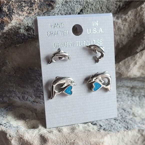 New! SET of Genuine Turquoise Inlay Dolphin Stud Earrings - Picture 1 of 3
